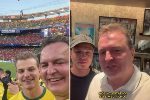 Deputado é flagrado por telão da Fifa durante jogo do Brasil e comenta viagem aos Estados Unidos